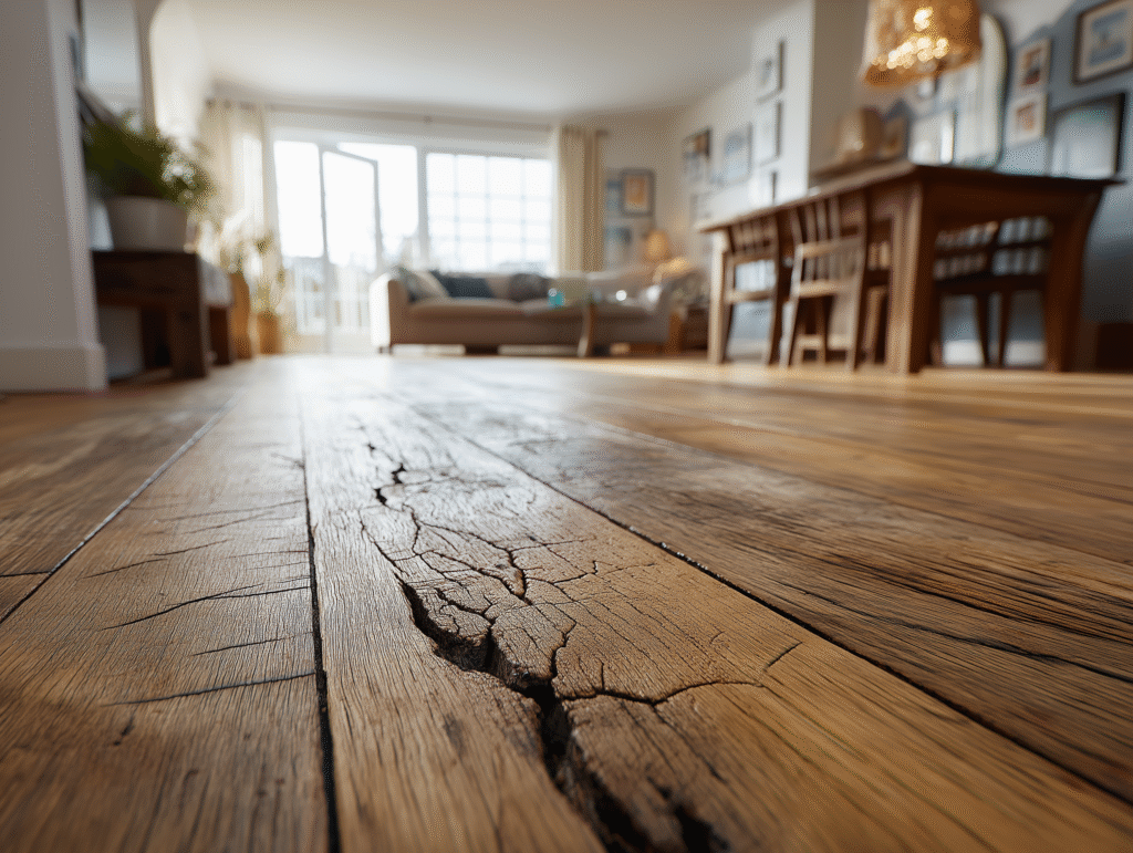 Close-up of cracked wooden floorboards in a modern living room with natural light