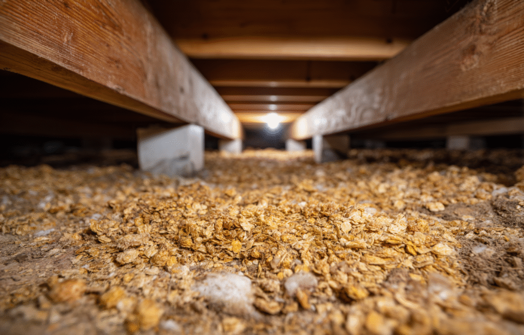 Crawl space under house with wood shavings and insulation showing moisture prevention setup