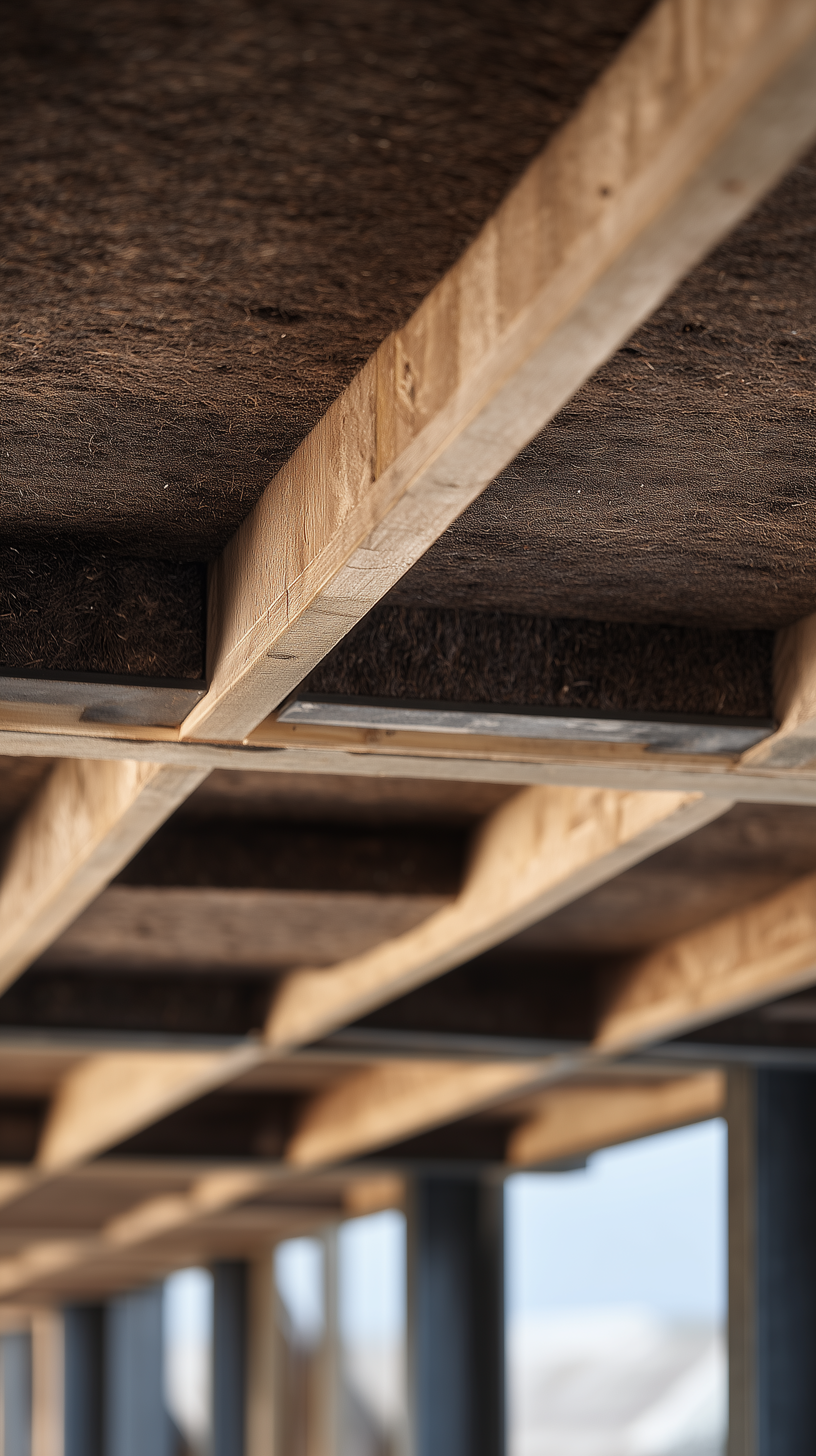View of wooden floor joists and insulation materials underneath a raised house structure